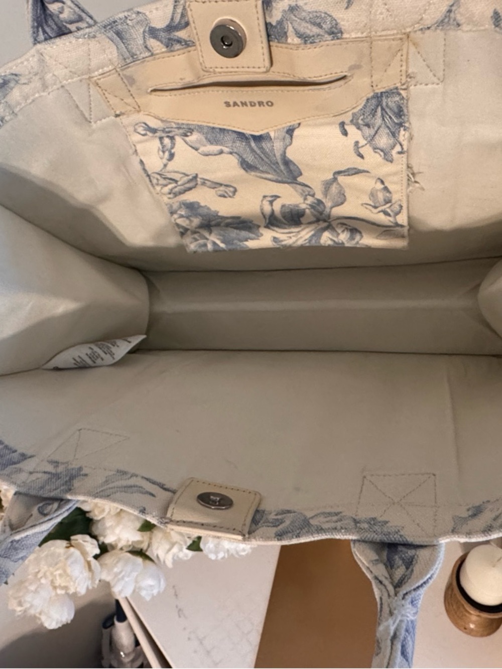 Sandro Blue and White Floral Canvas Tote - Picture 3 of 4